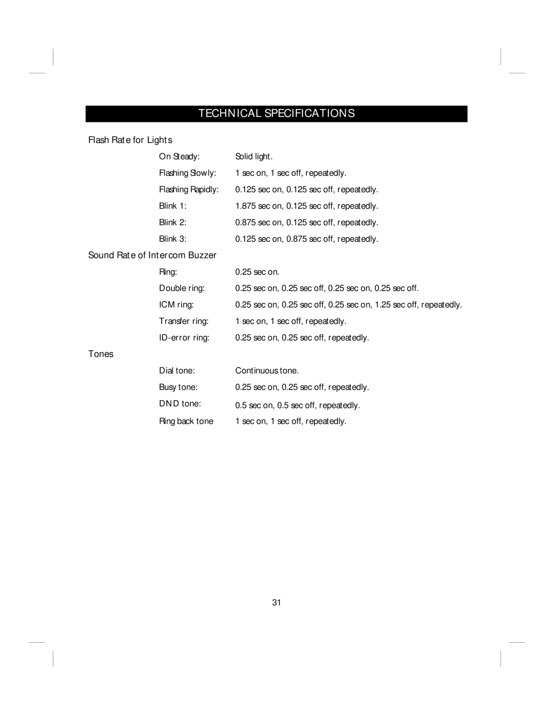 IBM 412CID, 4900 Technical Specifications, Flash Rate for Lights, Sound Rate of Intercom Buzzer, Tones 