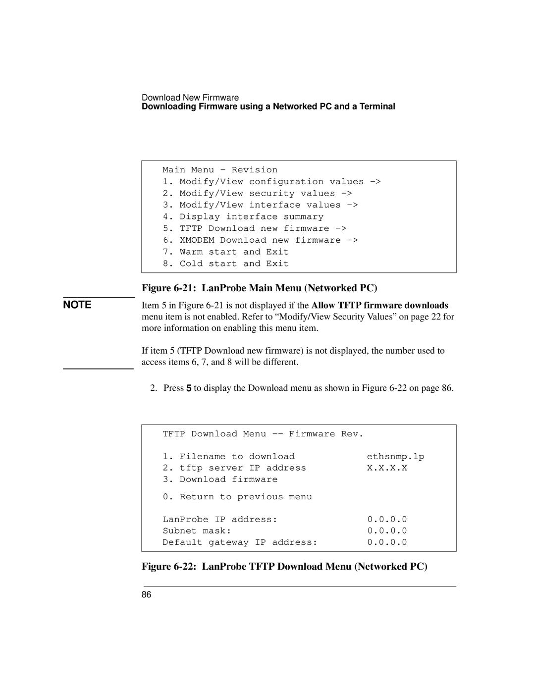IBM 4986B LanProbe manual 21 LanProbe Main Menu Networked PC, 22 LanProbe TFTP Download Menu Networked PC 