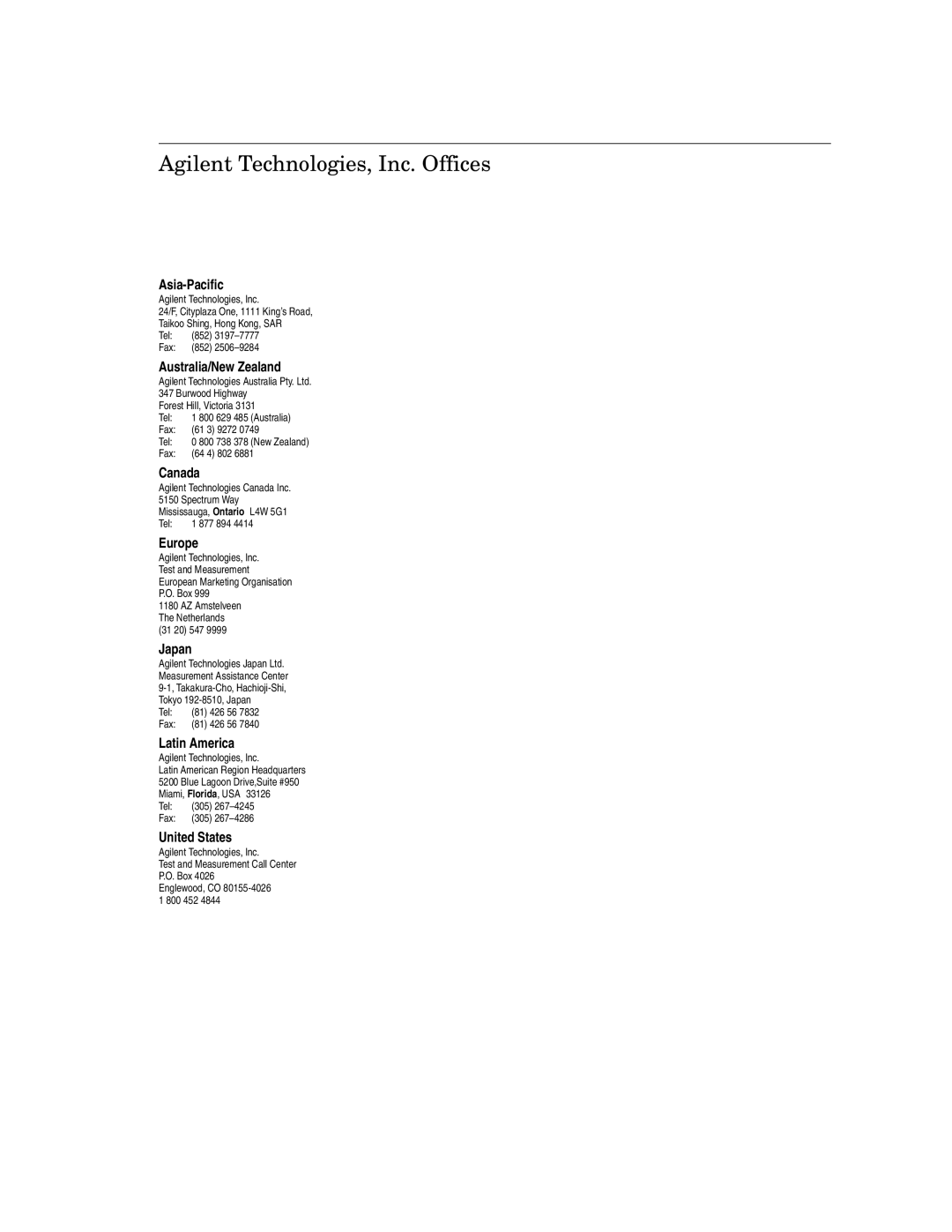 IBM 4986B LanProbe manual Agilent Technologies, Inc. Offices, Asia-Pacific, Australia/New Zealand, Canada, Europe, Japan 