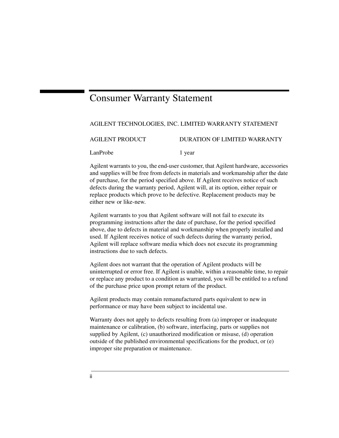 IBM 4986B LanProbe manual Consumer Warranty Statement 
