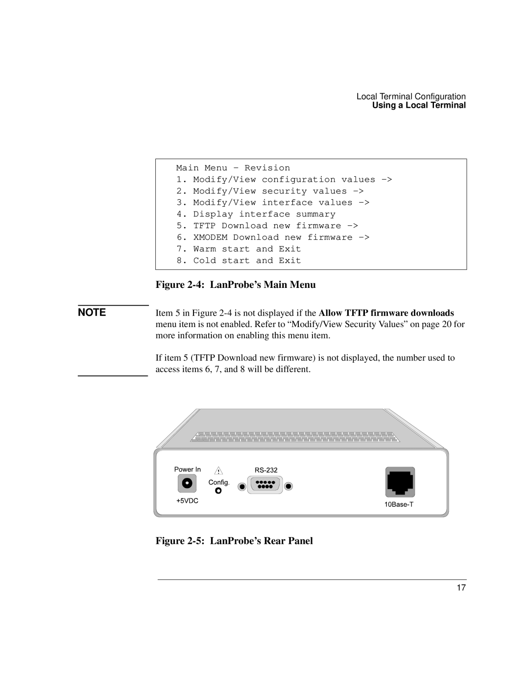 IBM 4986B LanProbe manual 4 LanProbe’s Main Menu, 5 LanProbe’s Rear Panel 