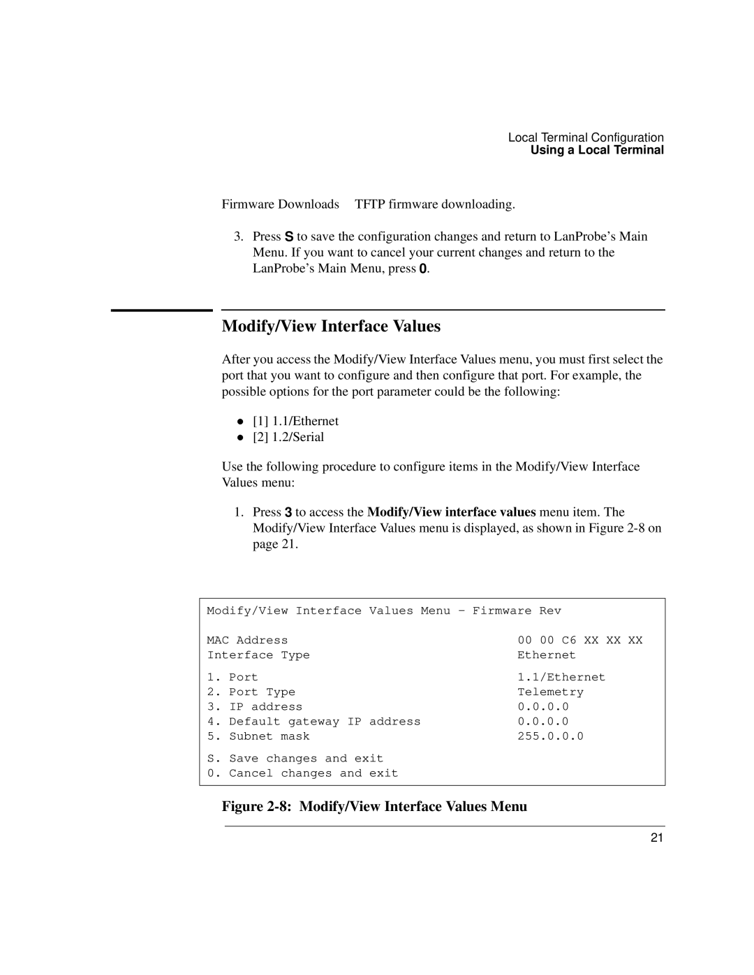 IBM 4986B LanProbe manual 8 Modify/View Interface Values Menu 