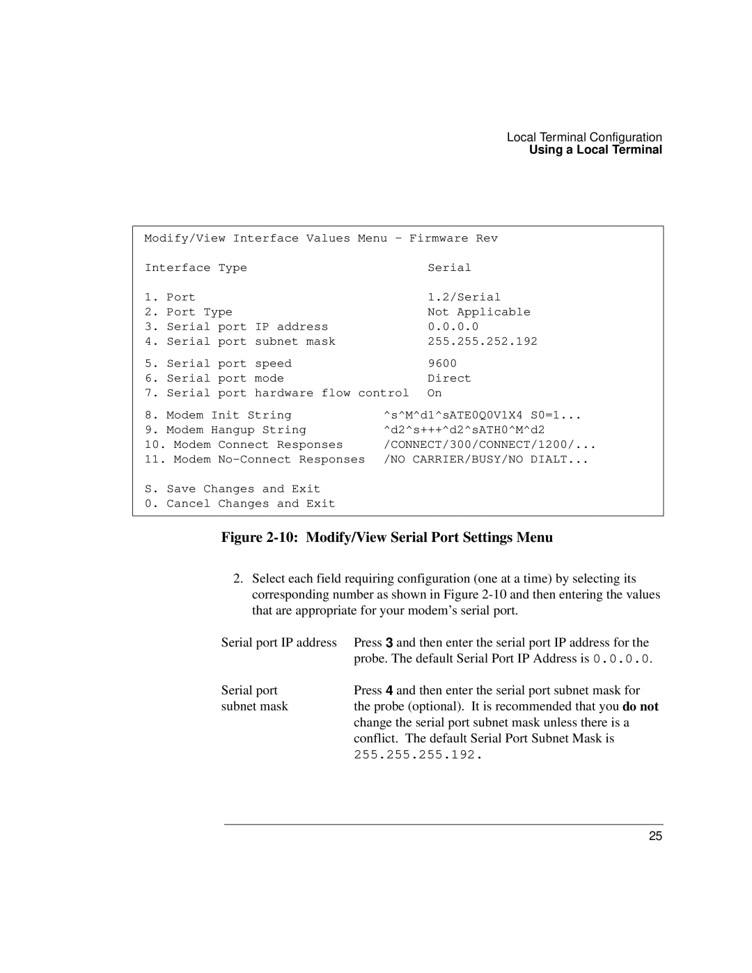 IBM 4986B LanProbe manual 10 Modify/View Serial Port Settings Menu 