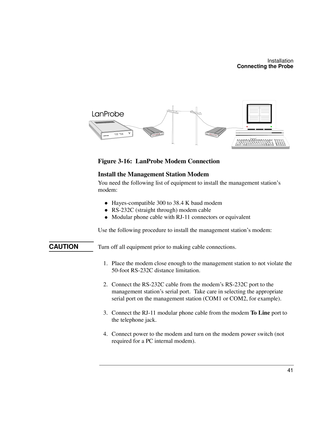 IBM 4986B LanProbe manual 16 LanProbe Modem Connection, Install the Management Station Modem 