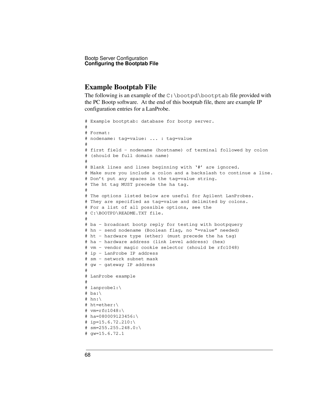 IBM 4986B LanProbe manual Example Bootptab File, Bootp Server Configuration, Configuring the Bootptab File 