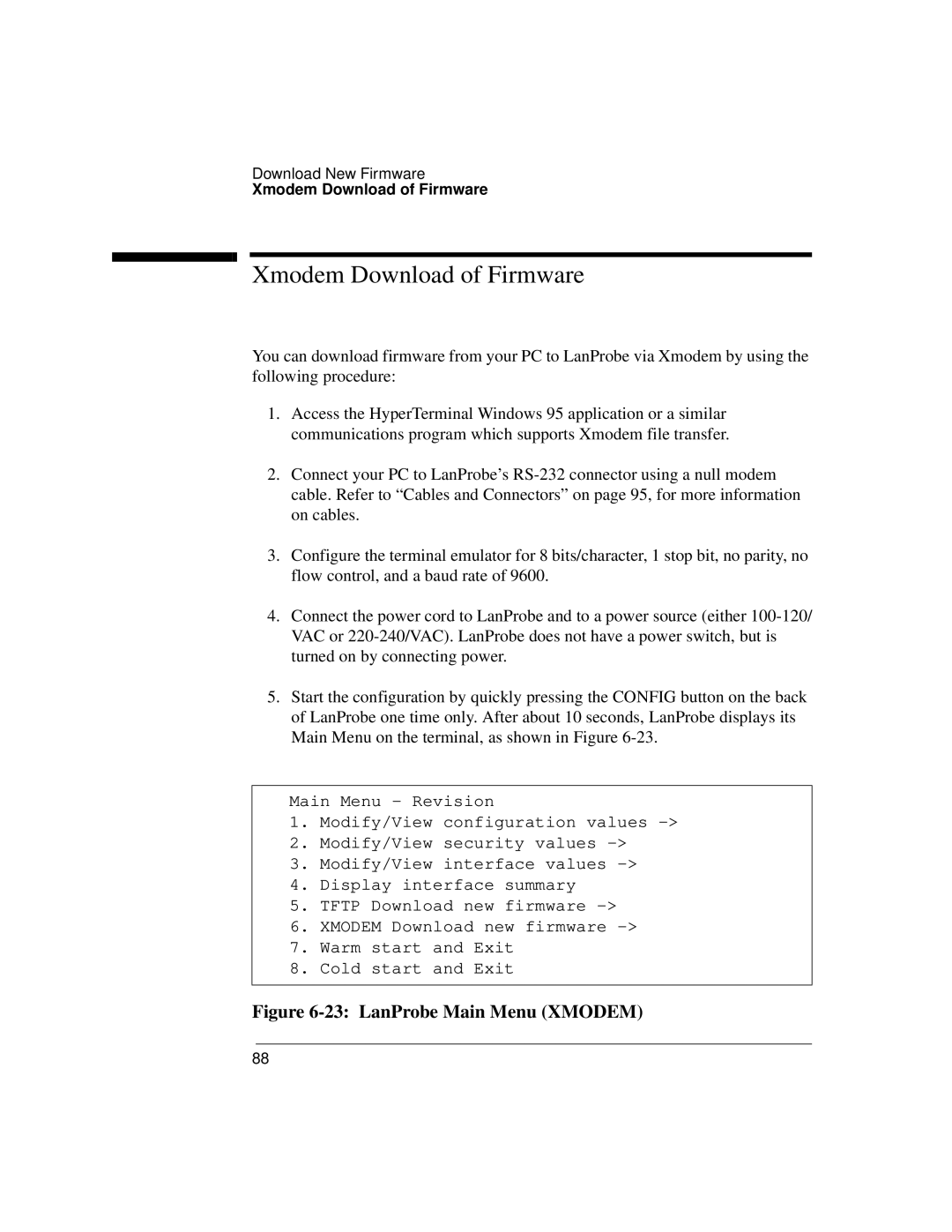 IBM 4986B LanProbe manual Xmodem Download of Firmware, LanProbe Main Menu Xmodem 