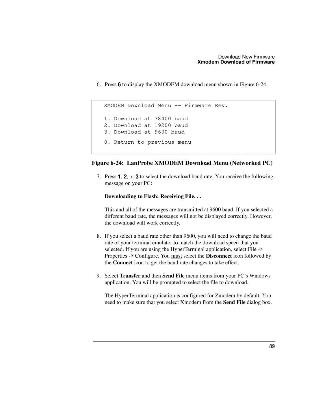 IBM 4986B LanProbe manual LanProbe Xmodem Download Menu Networked PC, Downloading to Flash Receiving File 