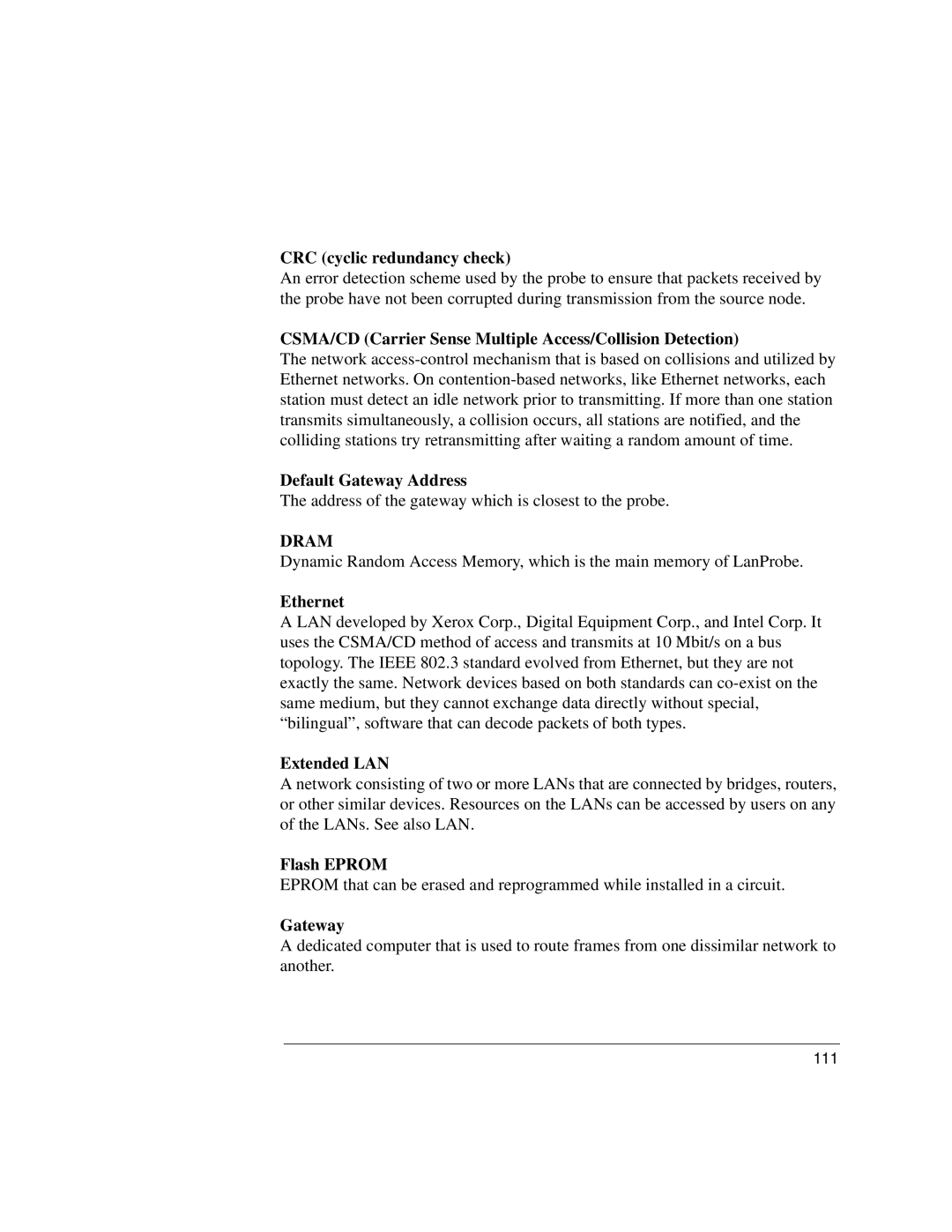 IBM 4986B LanProbe manual CRC cyclic redundancy check, CSMA/CD Carrier Sense Multiple Access/Collision Detection, Ethernet 