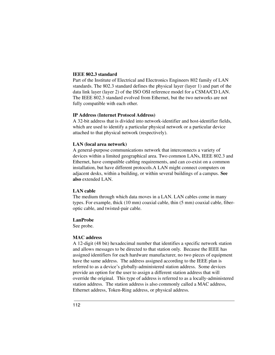 IBM 4986B LanProbe manual Ieee 802.3 standard, IP Address Internet Protocol Address, LAN local area network, LAN cable 