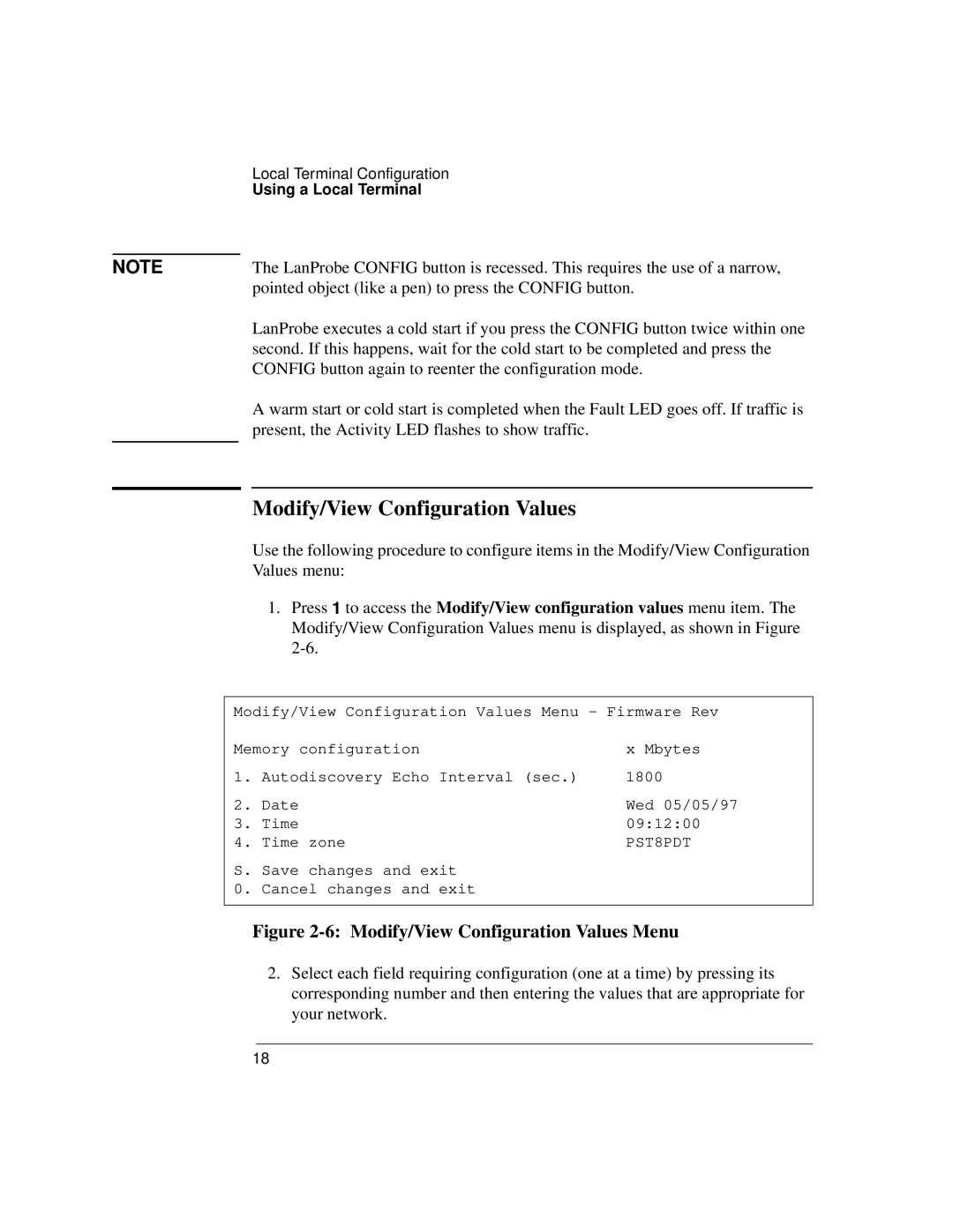 IBM 4986B LanProbe manual Modify/View Configuration Values Menu 