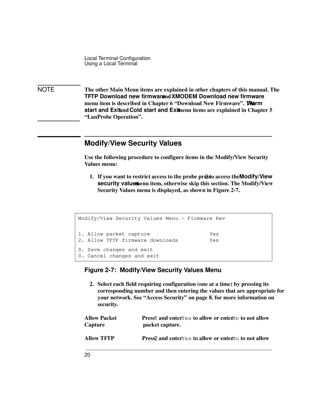 IBM 4986B LanProbe manual Modify/View Security Values Menu 