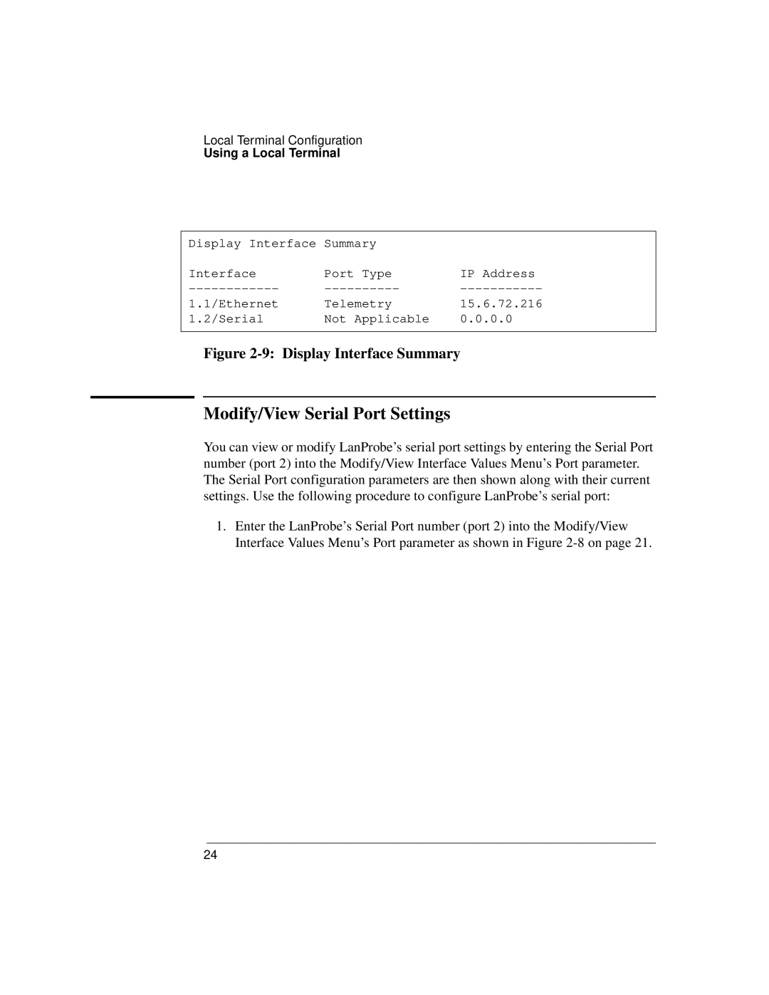 IBM 4986B LanProbe manual Modify/View Serial Port Settings, Display Interface Summary 