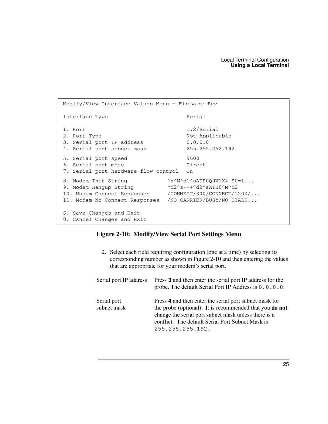 IBM 4986B LanProbe manual Modify/View Serial Port Settings Menu 