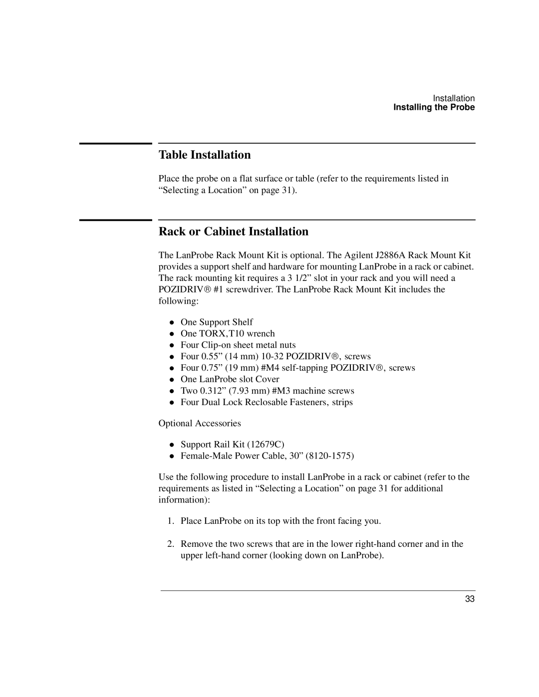 IBM 4986B LanProbe manual Table Installation, Rack or Cabinet Installation 