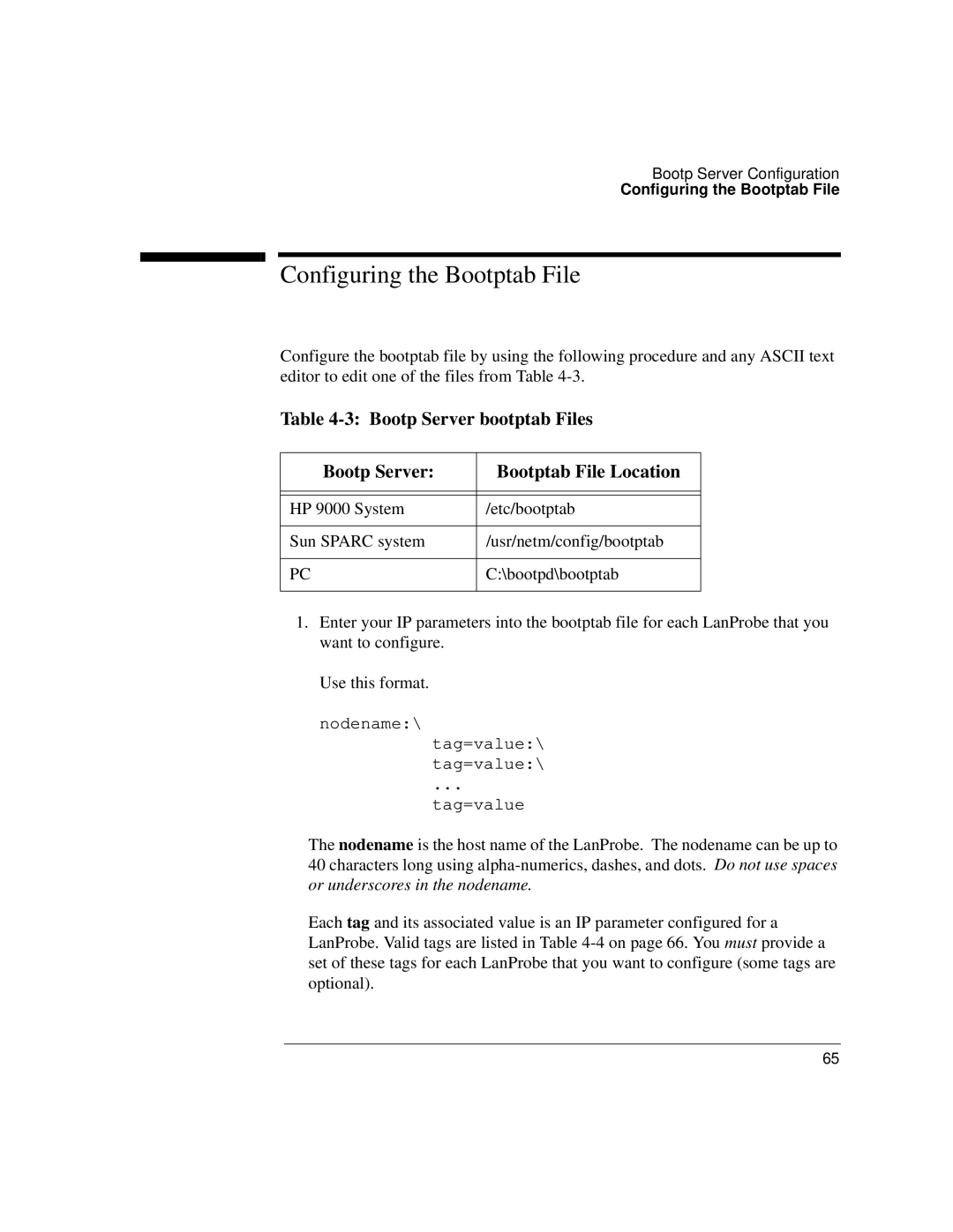 IBM 4986B LanProbe manual Configuring the Bootptab File, Bootp Server bootptab Files Bootptab File Location 