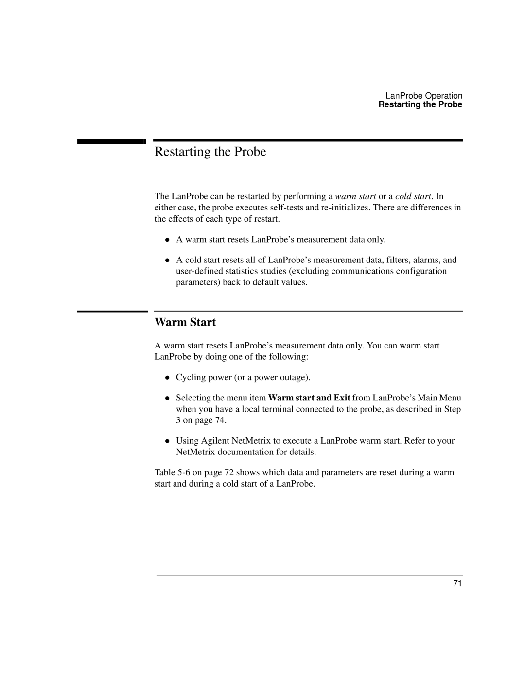 IBM 4986B LanProbe manual Restarting the Probe, Warm Start 