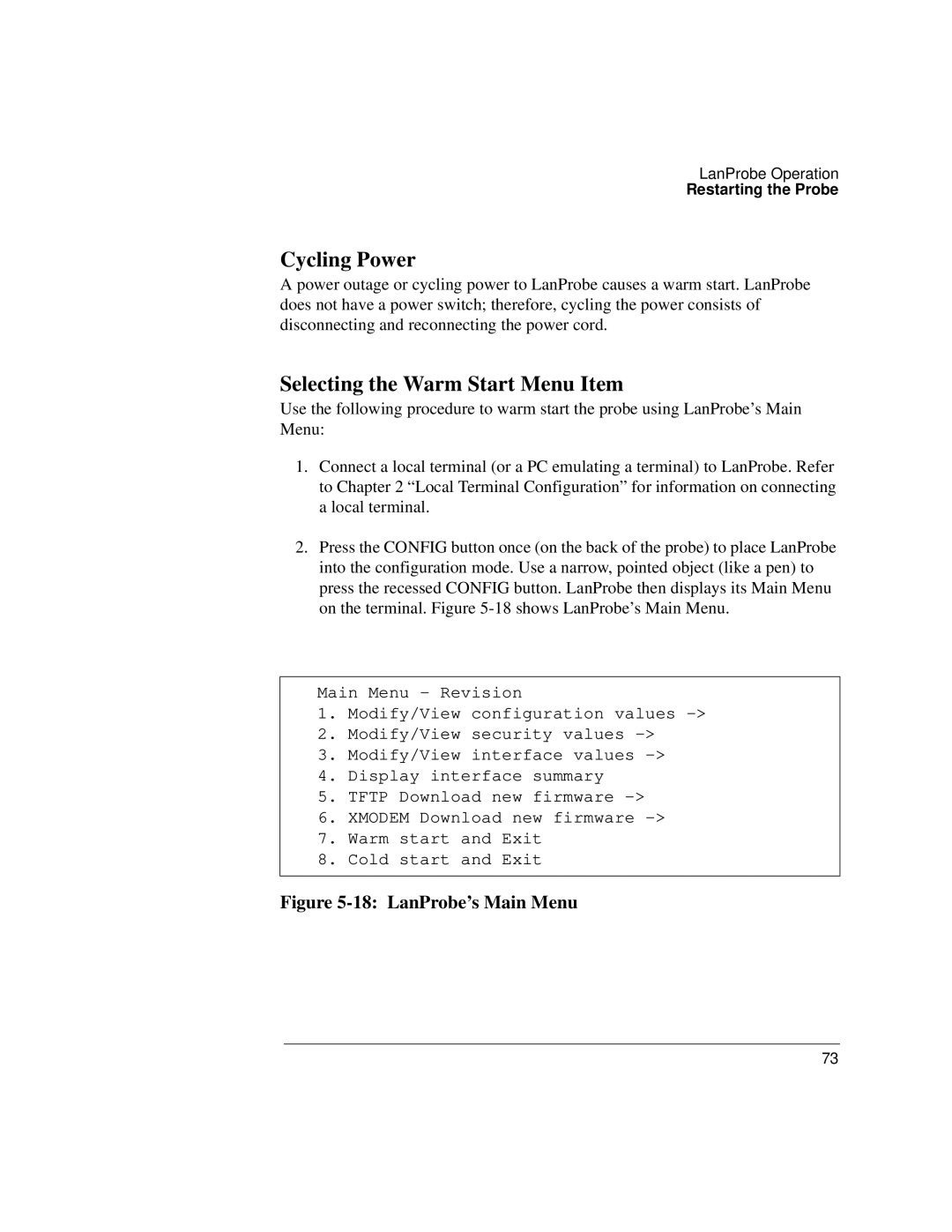 IBM 4986B LanProbe manual Cycling Power, Selecting the Warm Start Menu Item 