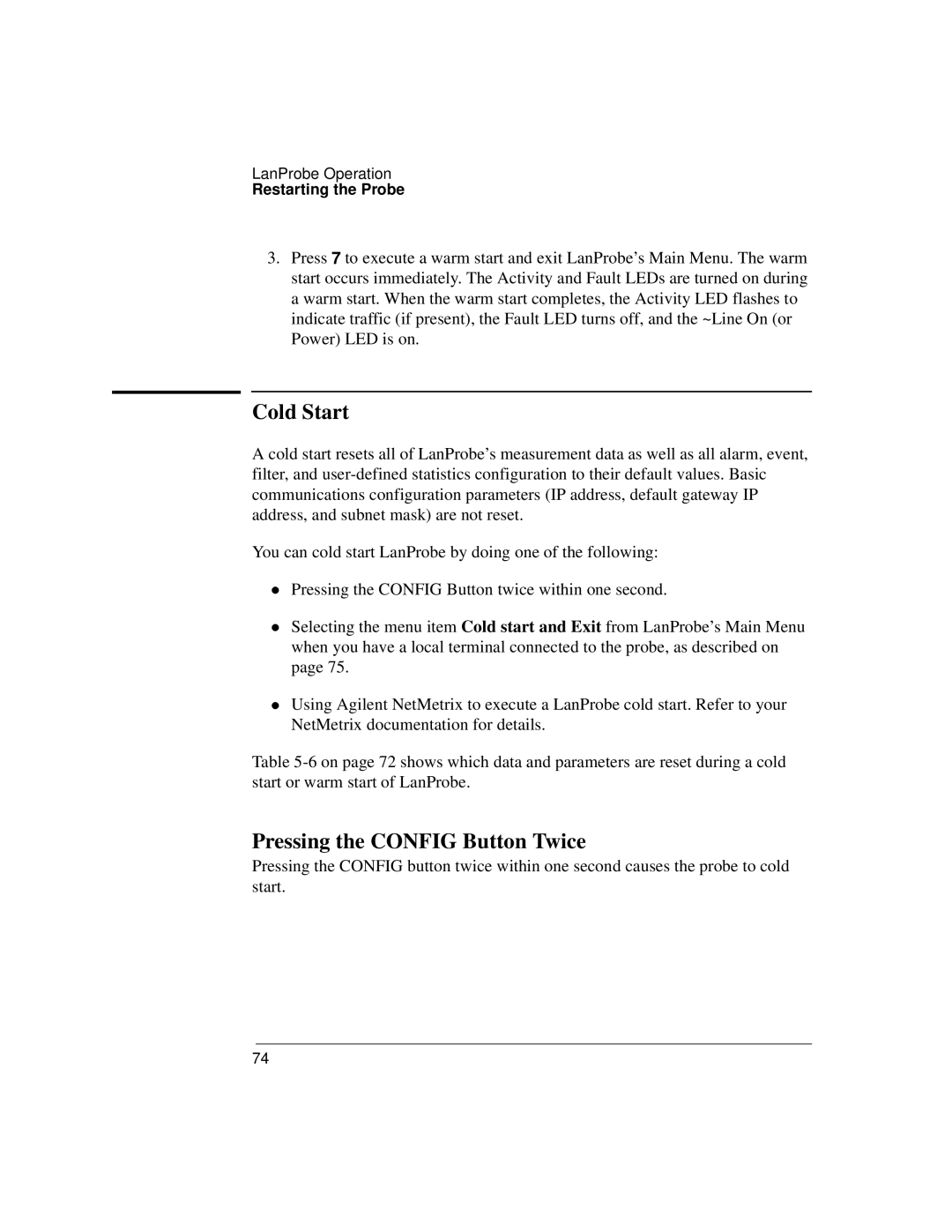 IBM 4986B LanProbe manual Cold Start, Pressing the Config Button Twice 