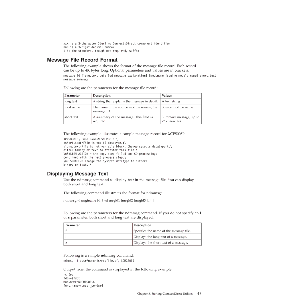 IBM 4J manual Message File Record Format, Displaying Message Text, Following are the parameters for the message file record 