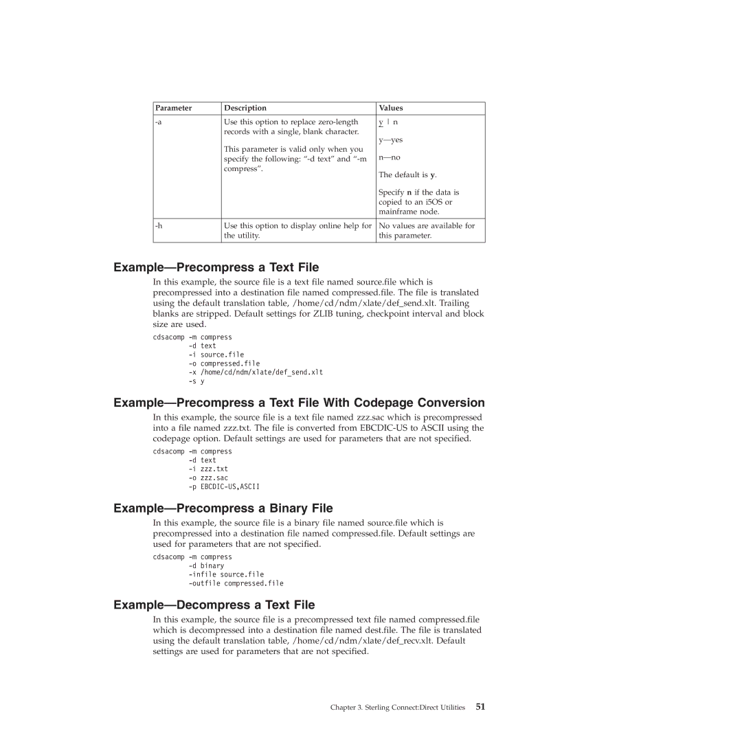 IBM 4J manual Example-Precompress a Text File With Codepage Conversion, Example-Precompress a Binary File 