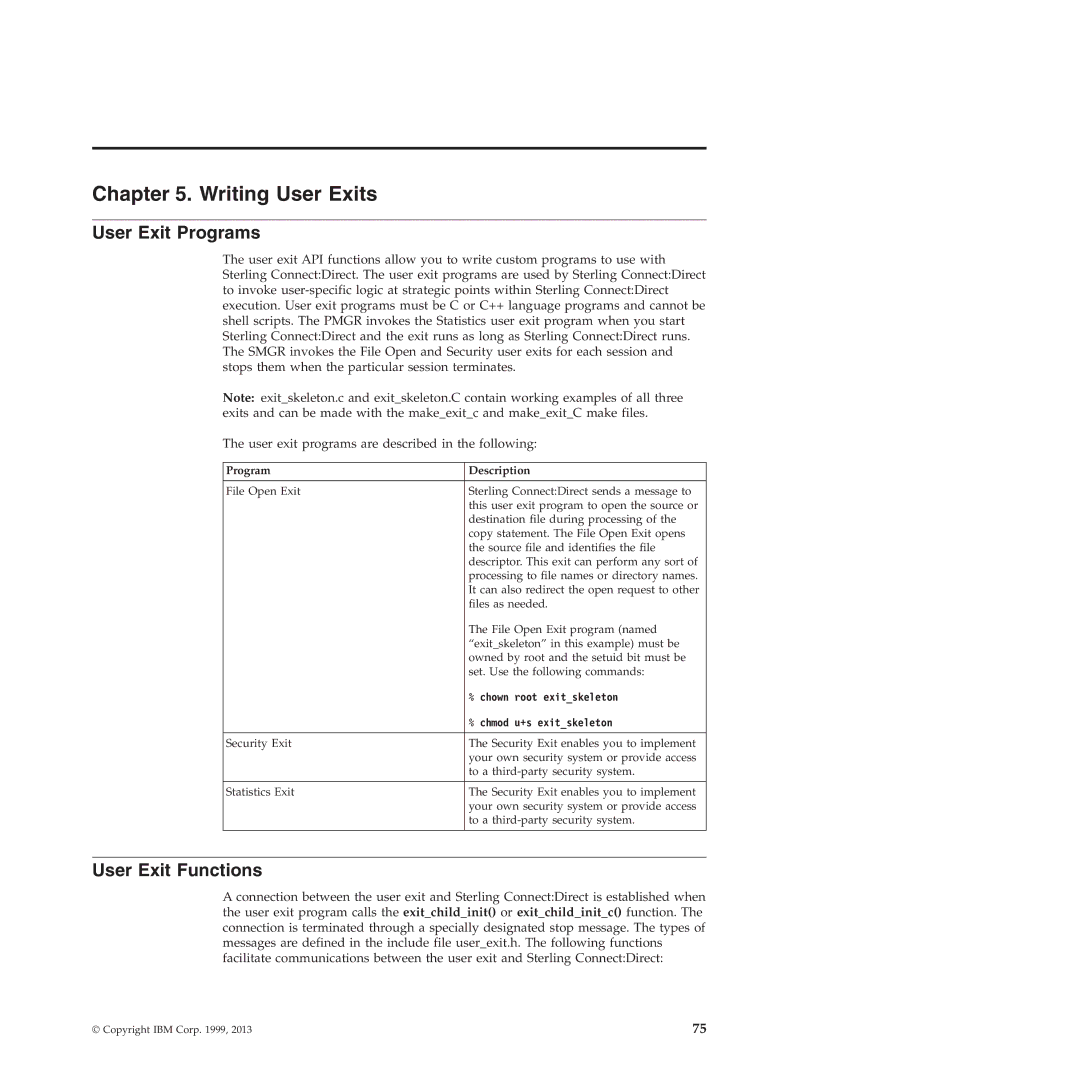 IBM 4J manual User Exit Programs, User Exit Functions, Program Description, Chown root exitskeleton, Chmod u+s exitskeleton 