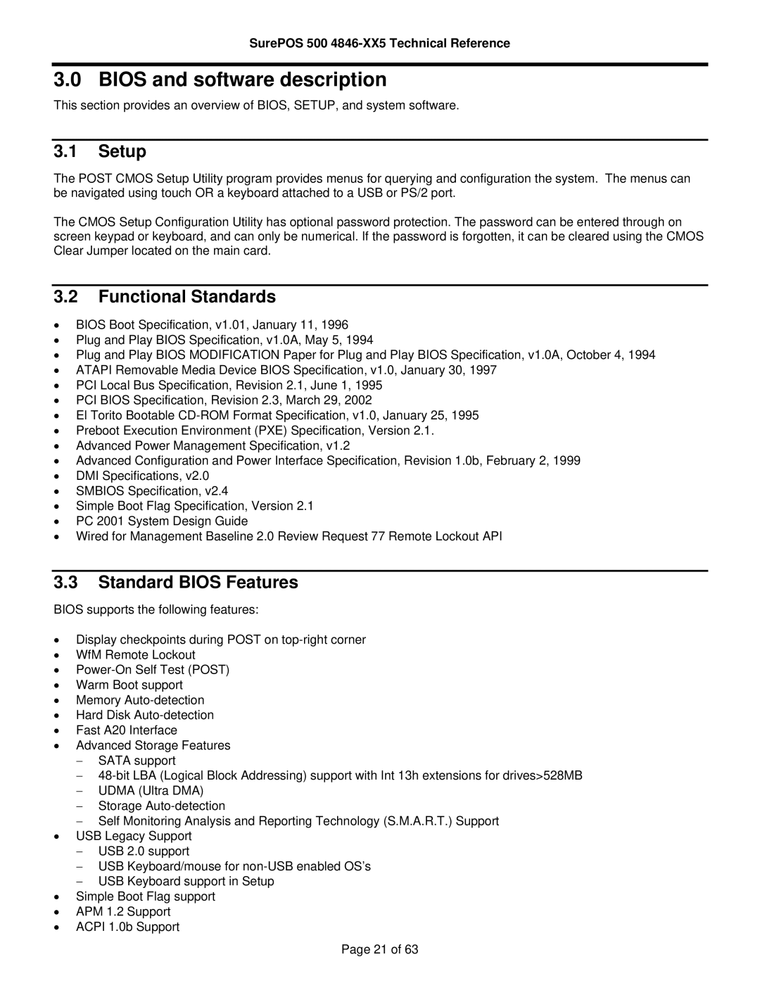 IBM 500 manual Bios and software description, Setup, Functional Standards, Standard Bios Features 