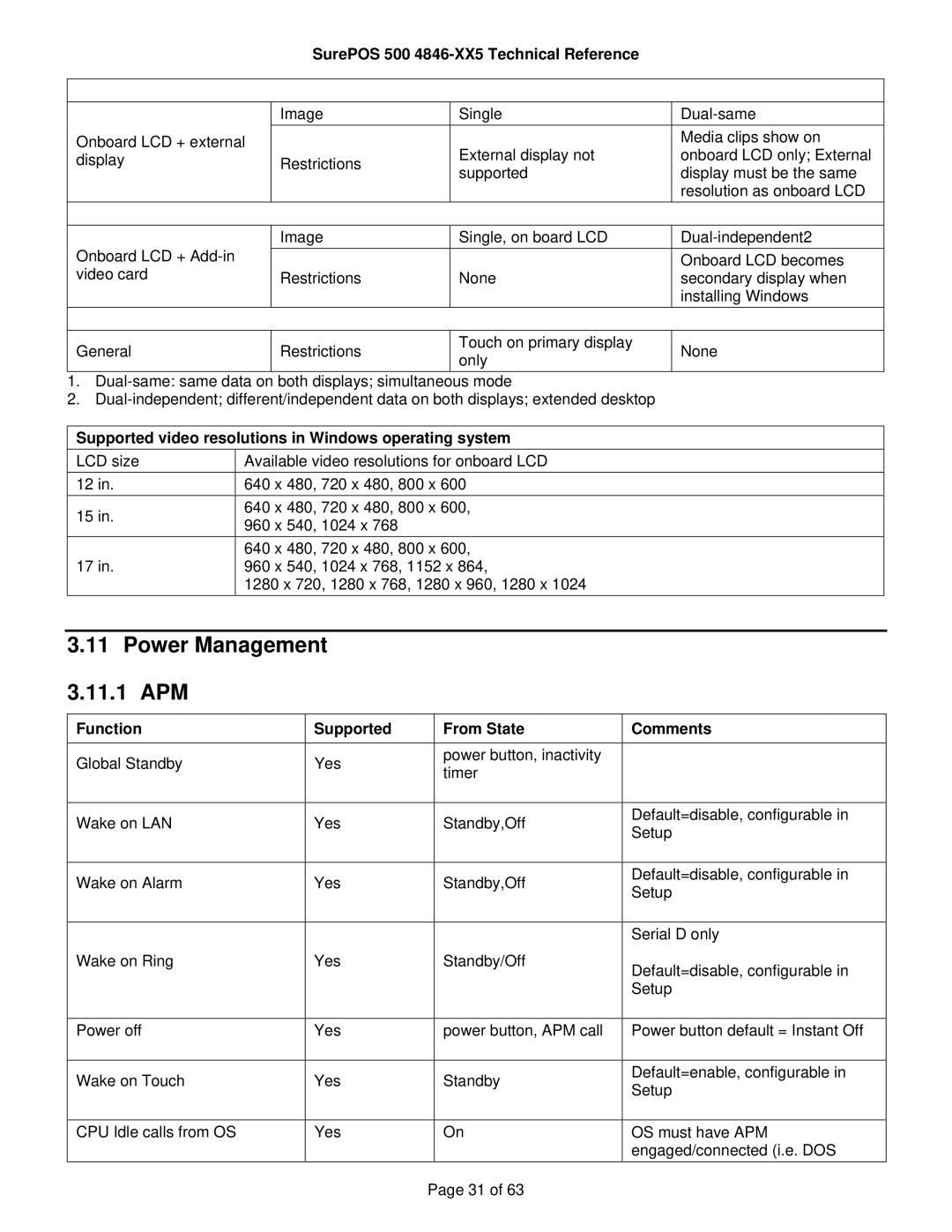 IBM 500 manual Power Management 3.11.1 APM, Supported video resolutions in Windows operating system 