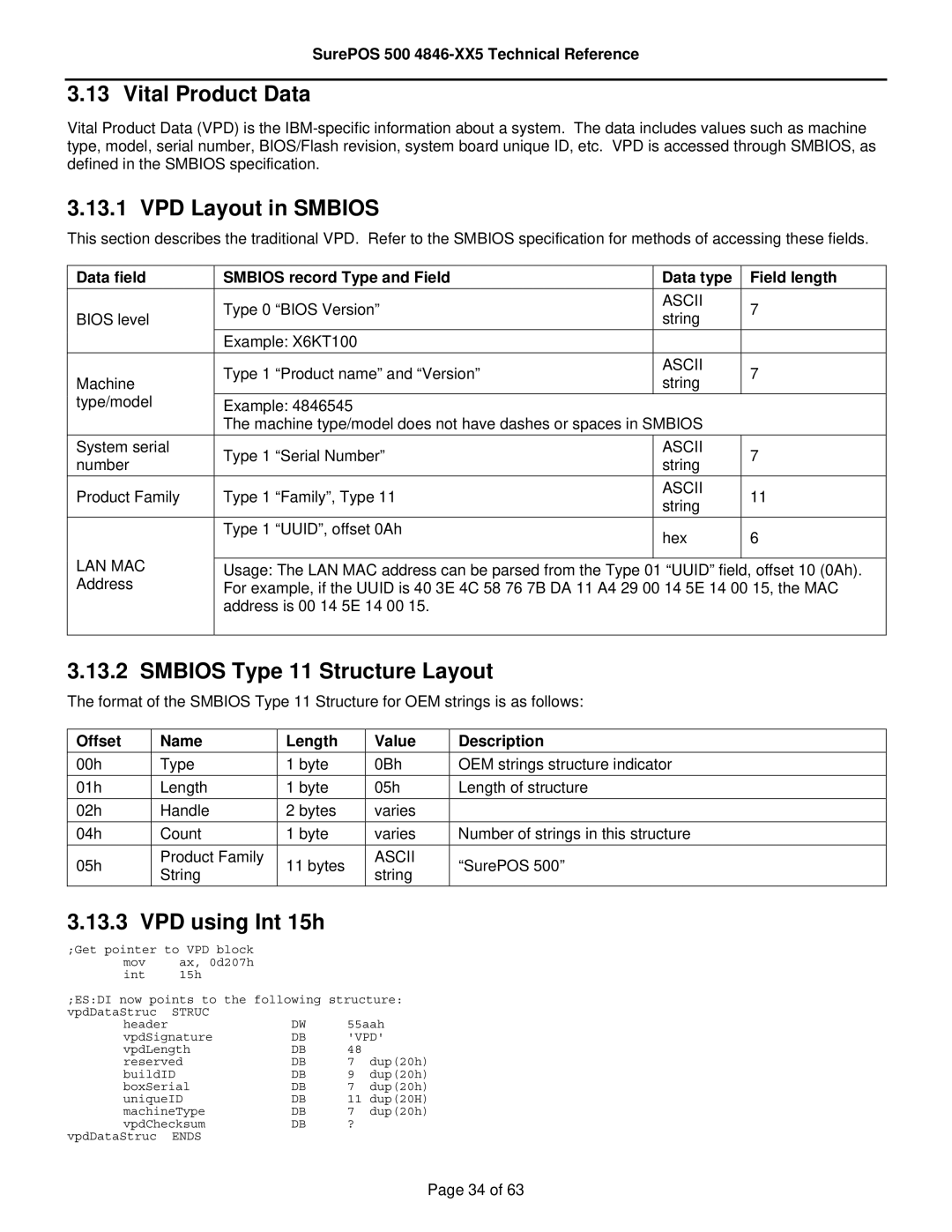 IBM 500 manual Vital Product Data, VPD Layout in Smbios, Smbios Type 11 Structure Layout, VPD using Int 15h 