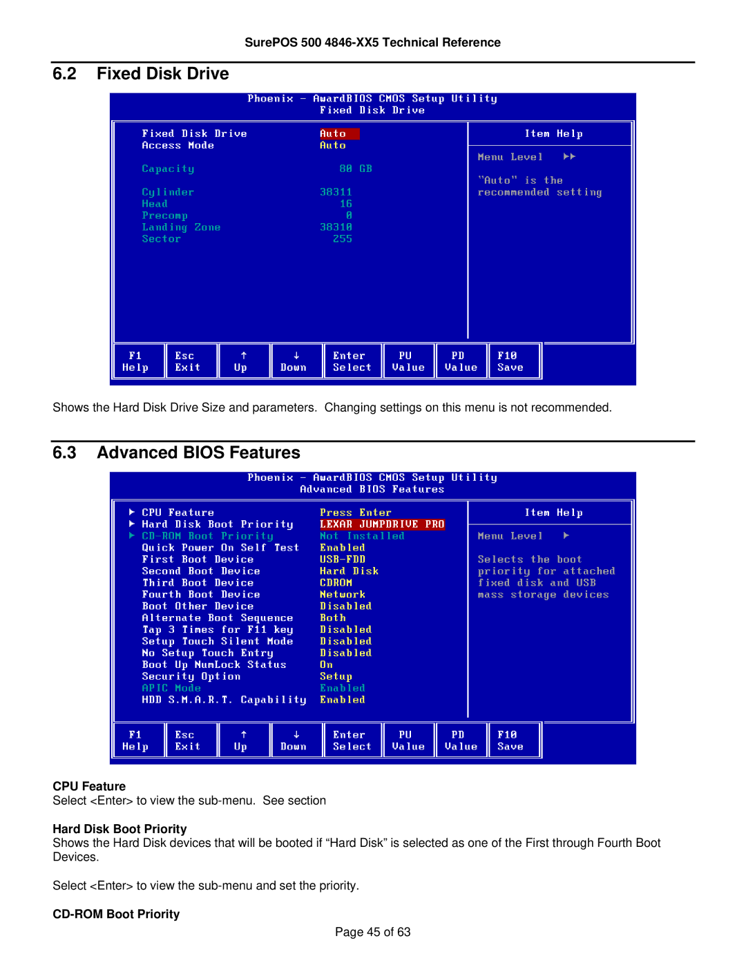 IBM 500 manual Fixed Disk Drive, Advanced Bios Features, CPU Feature, Hard Disk Boot Priority, CD-ROM Boot Priority 