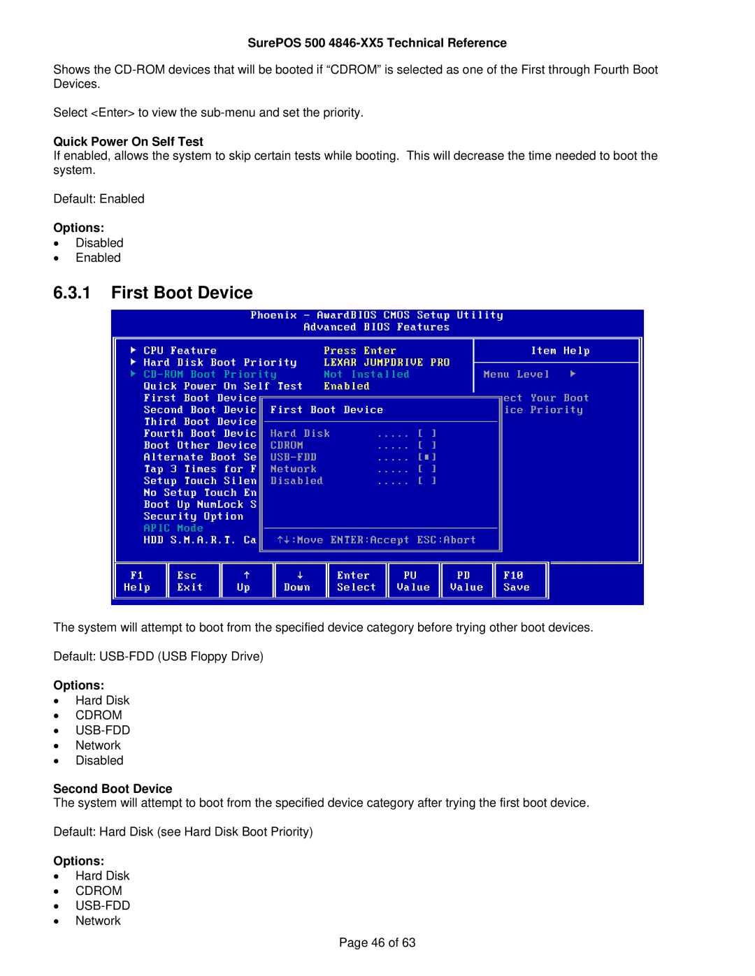 IBM 500 manual First Boot Device, Quick Power On Self Test, Options, Cdrom USB-FDD, Second Boot Device 