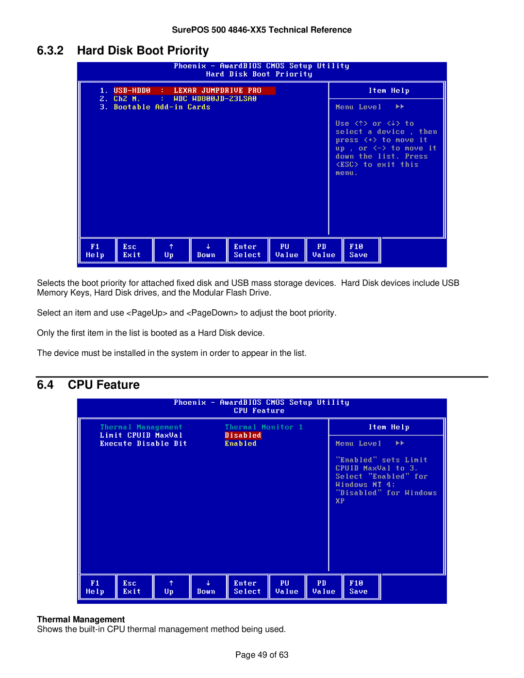 IBM 500 manual Hard Disk Boot Priority, CPU Feature, Thermal Management 