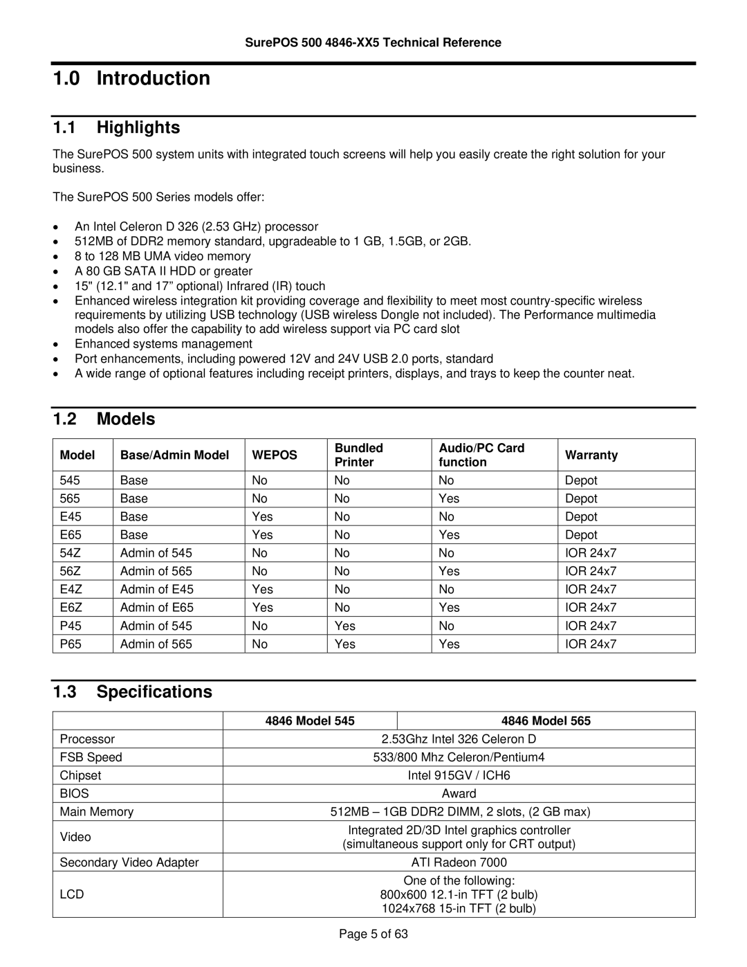 IBM 500 manual Introduction, Highlights, Models, Specifications 