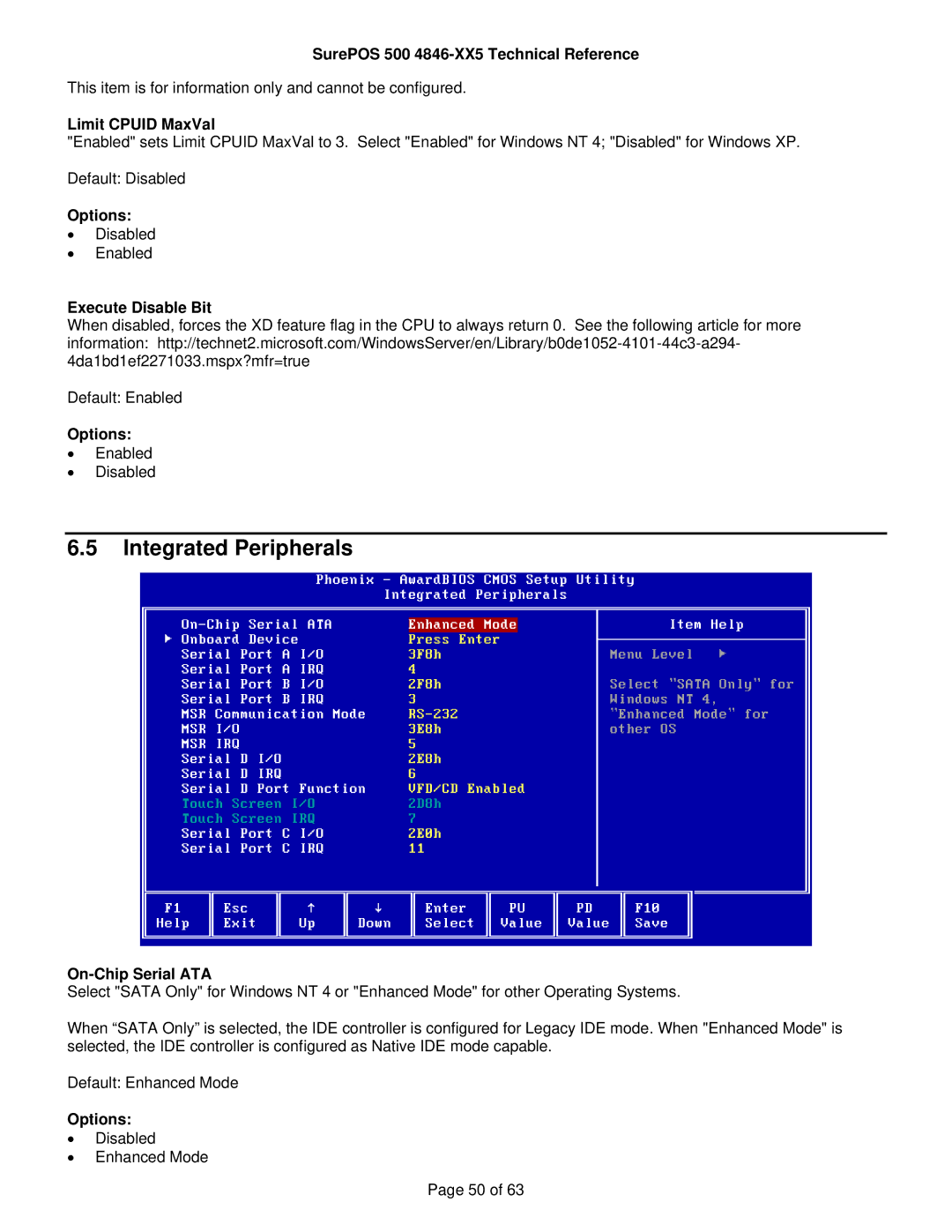 IBM 500 manual Integrated Peripherals, Limit Cpuid MaxVal, Execute Disable Bit, On-Chip Serial ATA 