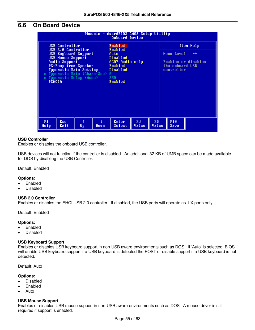 IBM 500 manual On Board Device, USB Controller, USB 2.0 Controller, USB Keyboard Support, USB Mouse Support 