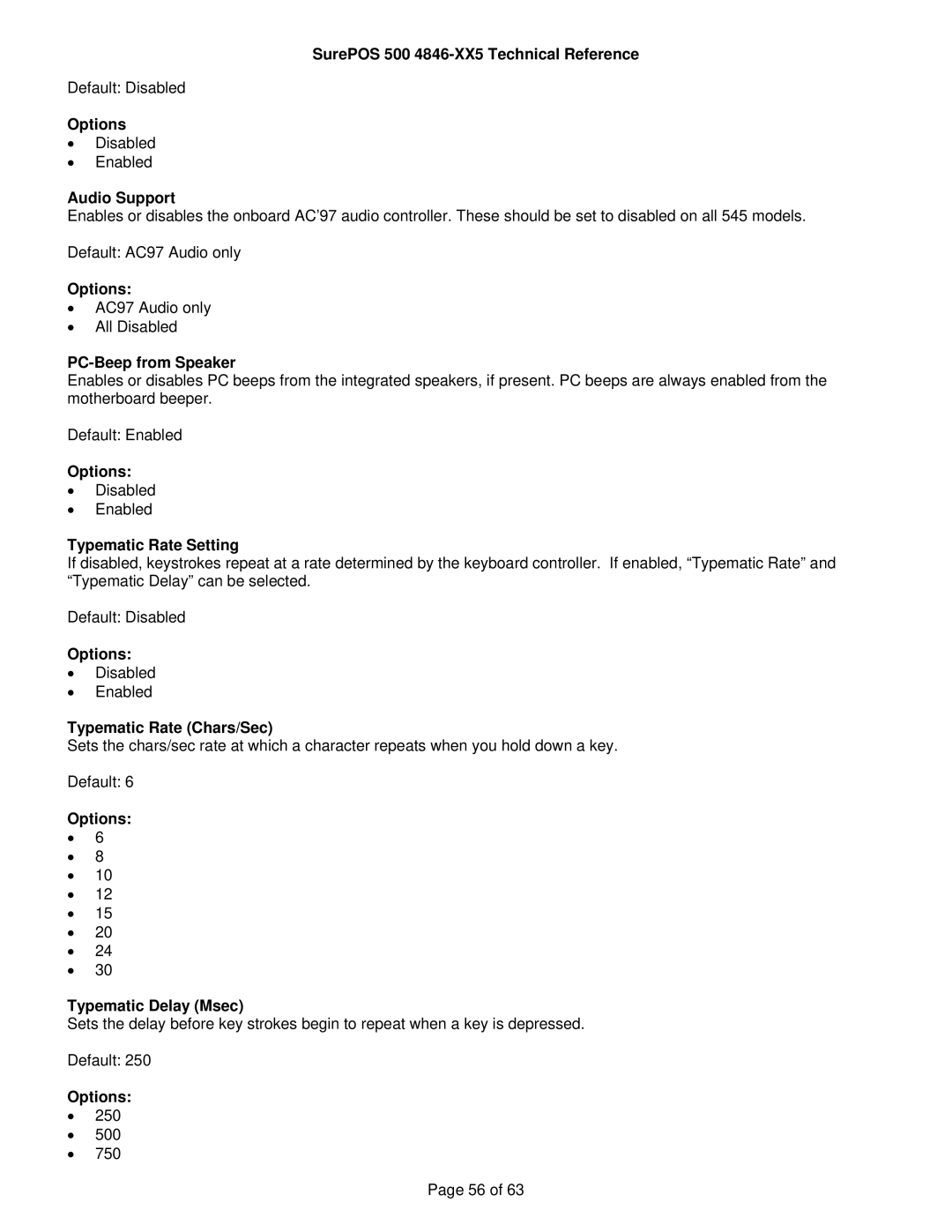 IBM 500 manual Audio Support, PC-Beep from Speaker, Typematic Rate Setting, Typematic Rate Chars/Sec 