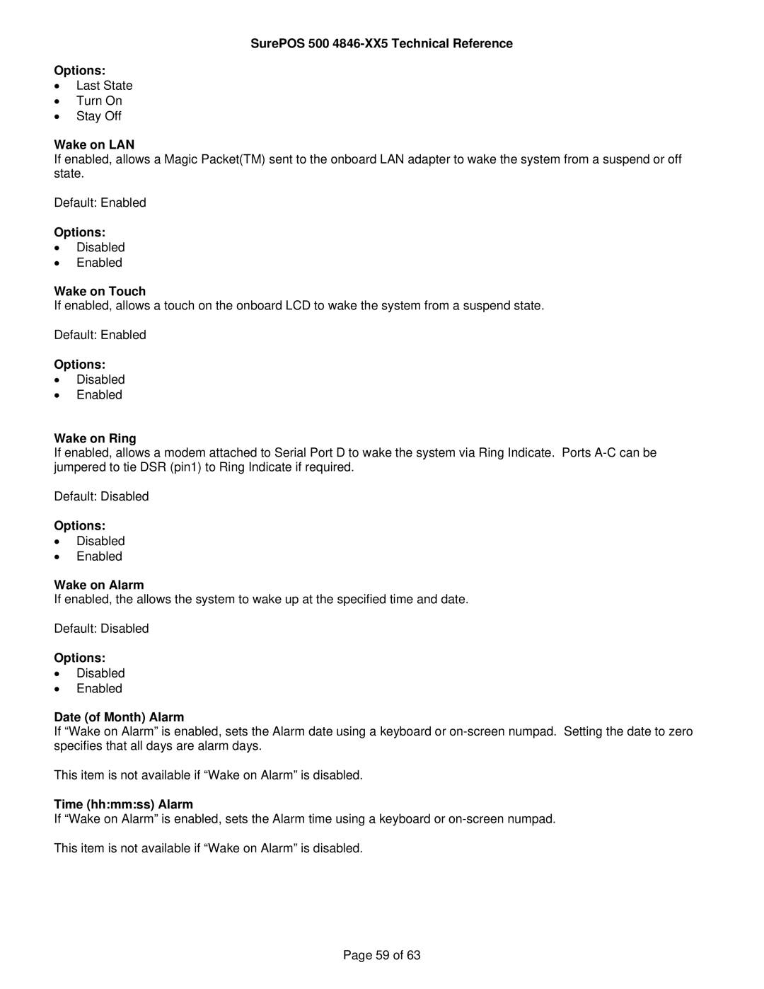 IBM manual SurePOS 500 4846-XX5 Technical Reference Options, Wake on LAN, Wake on Touch, Wake on Ring, Wake on Alarm 