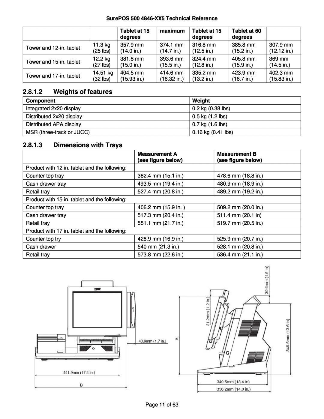 IBM 500 manual 2.8.1.2, Weights of features, 2.8.1.3, Dimensions with Trays 