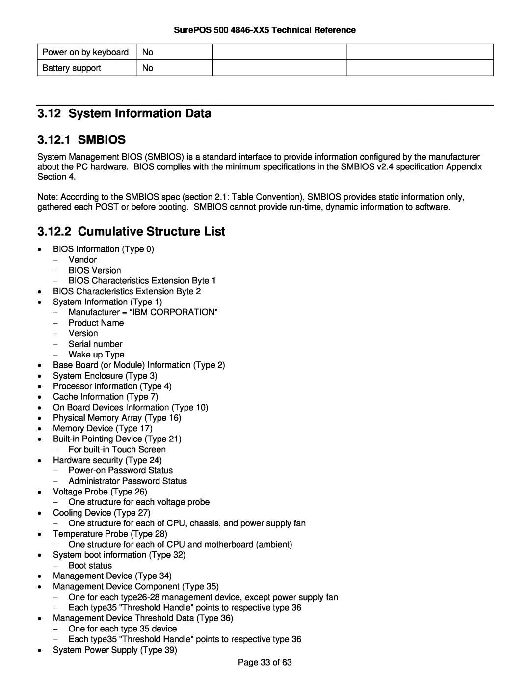 IBM manual System Information Data 3.12.1 SMBIOS, Cumulative Structure List, SurePOS 500 4846-XX5 Technical Reference 