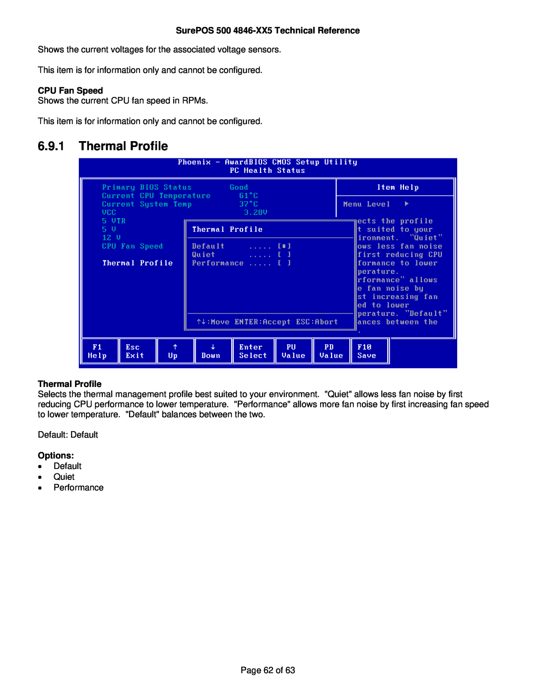 IBM manual Thermal Profile, SurePOS 500 4846-XX5 Technical Reference, CPU Fan Speed, Options 