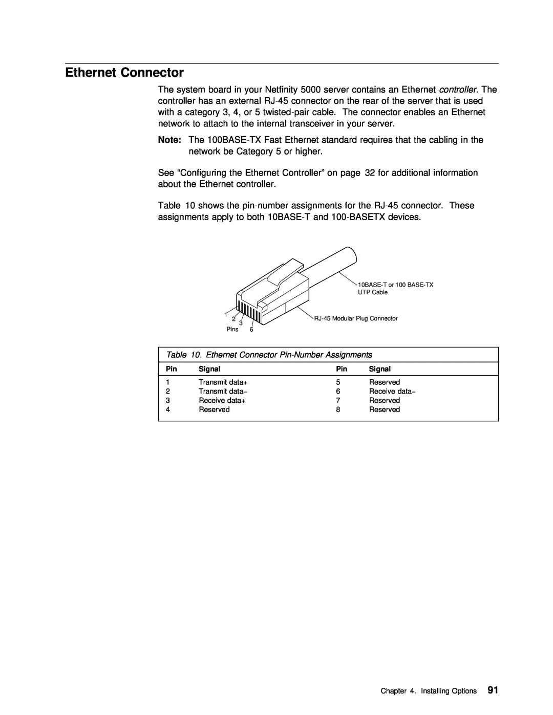 IBM 5000 manual Ethernet Connector Pin-Number Assignments 