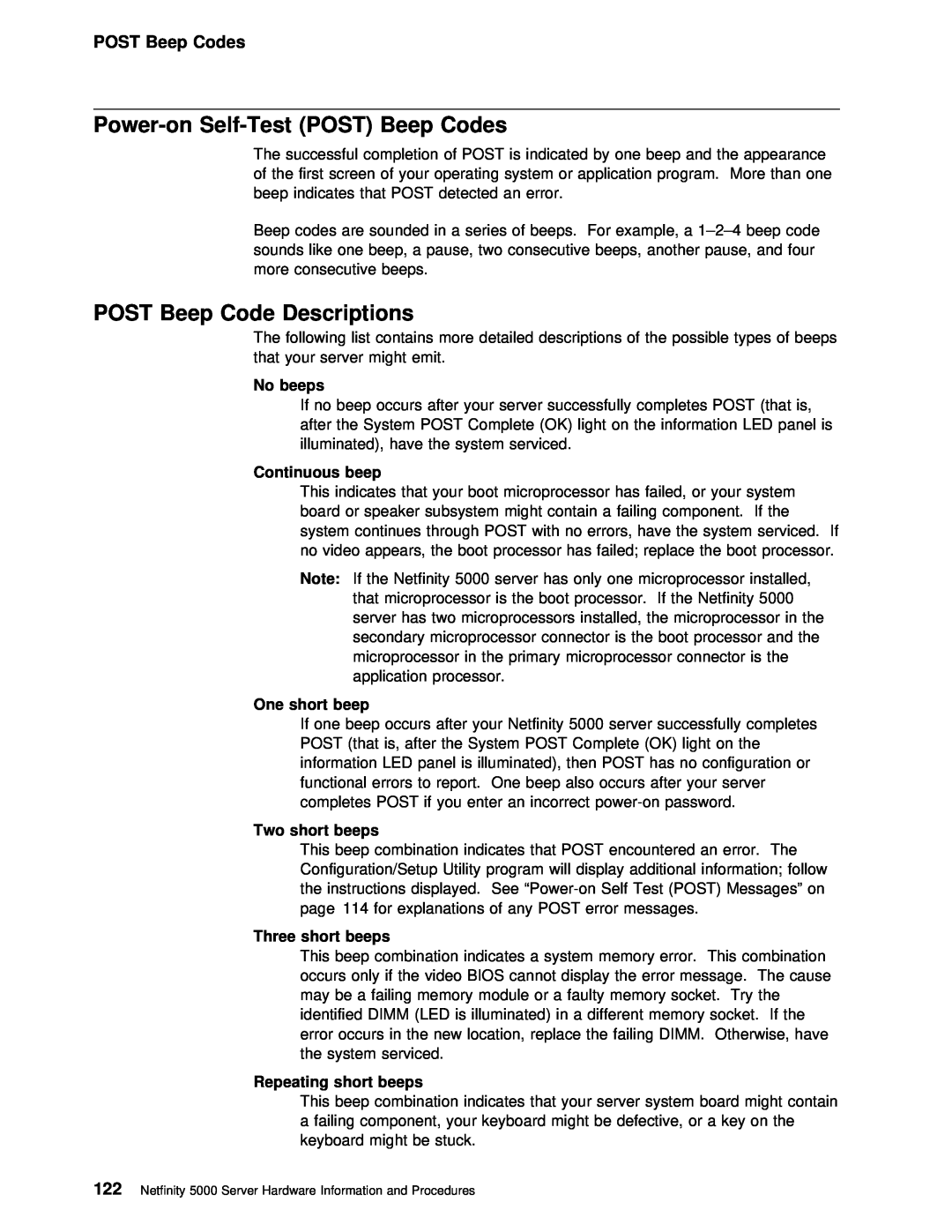 IBM 5000 manual POST Beep Code Descriptions, POST Beep Codes, Power-on Self-Test POST 