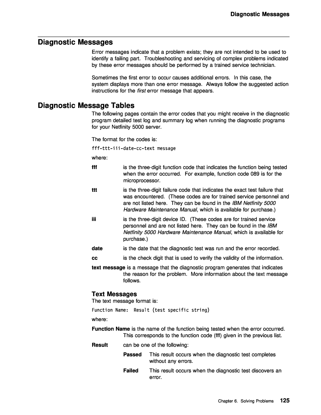 IBM 5000 manual Diagnostic Messages, Diagnostic Message Tables, Text Messages 