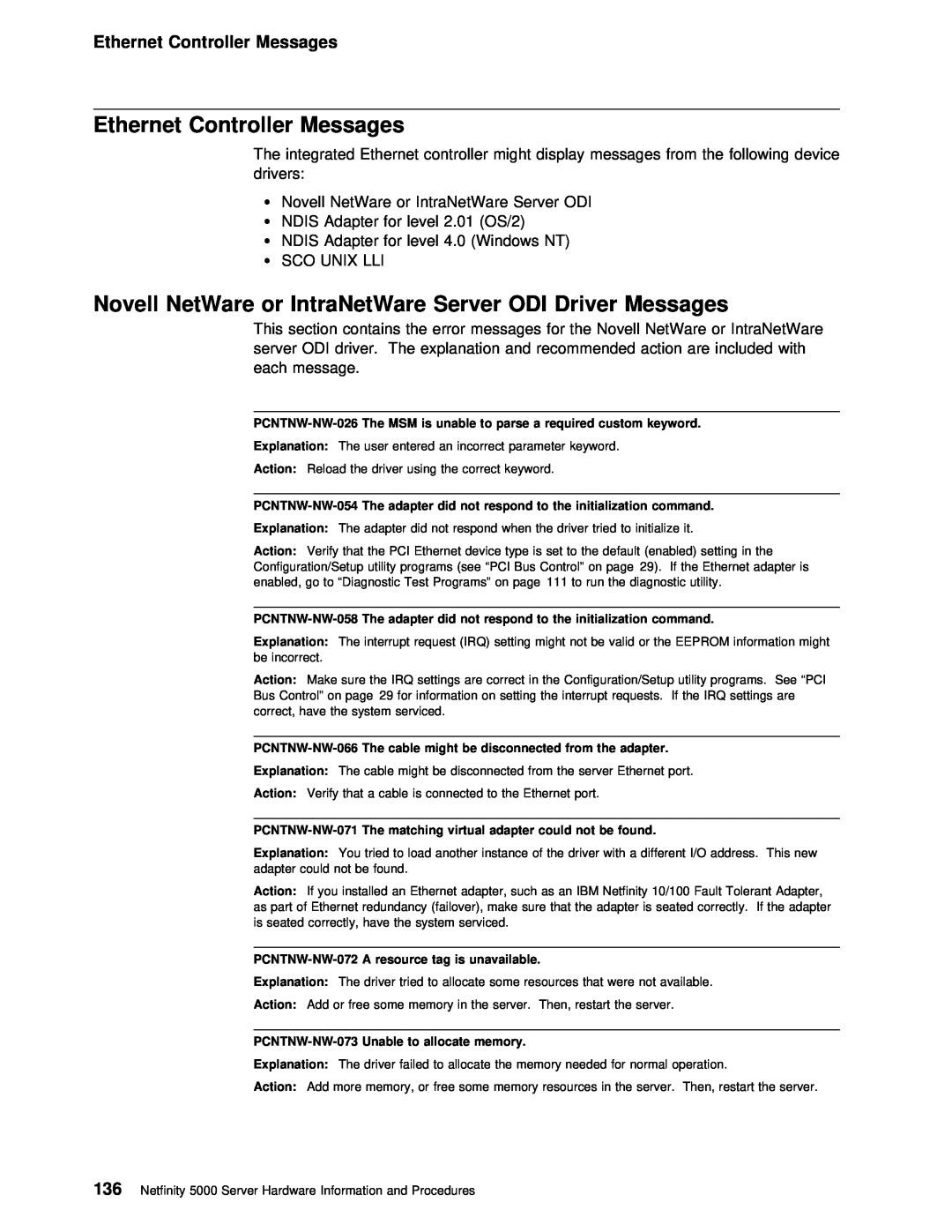IBM 5000 manual Ethernet Controller Messages, Novell NetWare or IntraNetWare Server ODI Driver Messages 