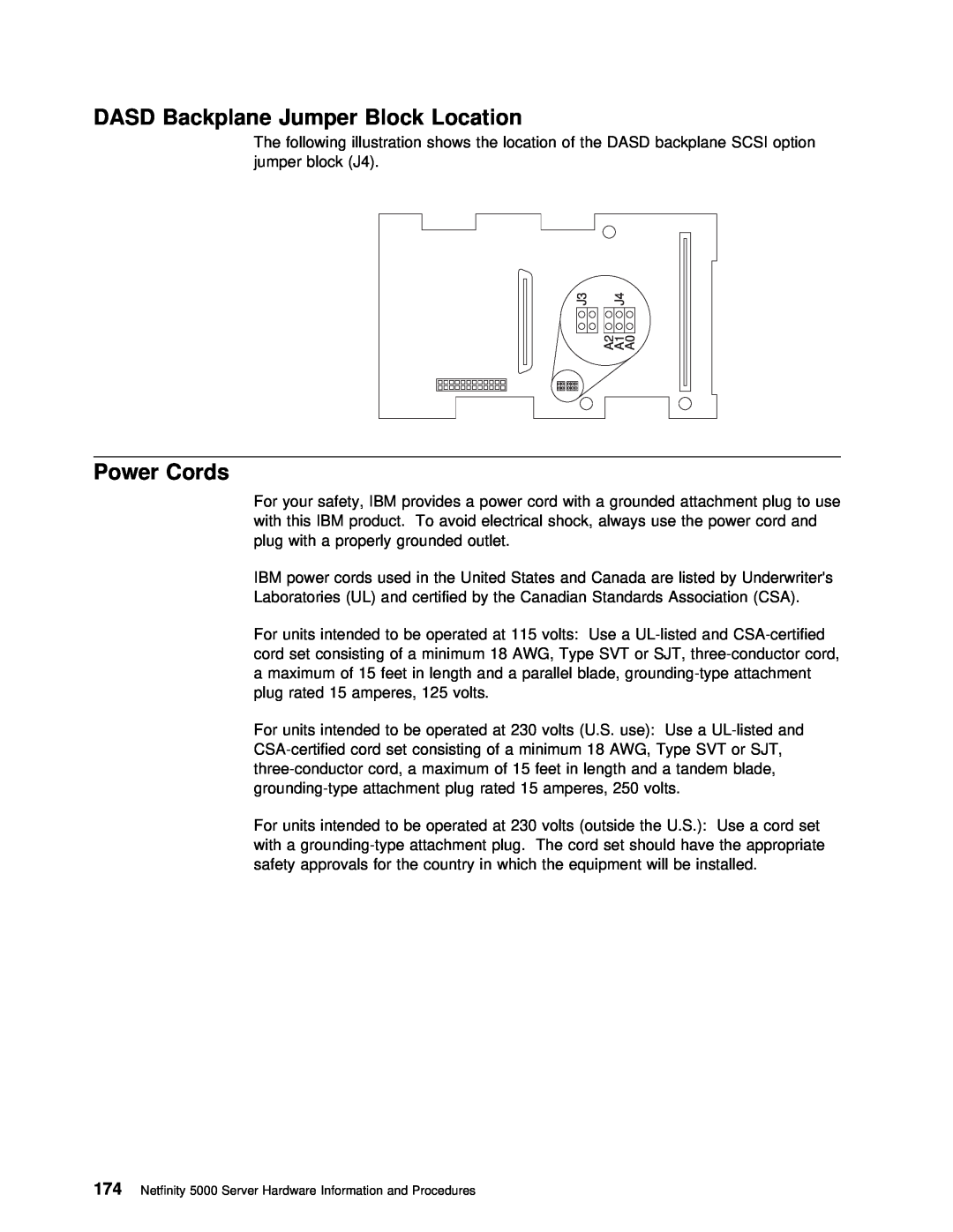 IBM 5000 manual DASD Backplane Jumper Block Location, Power Cords 