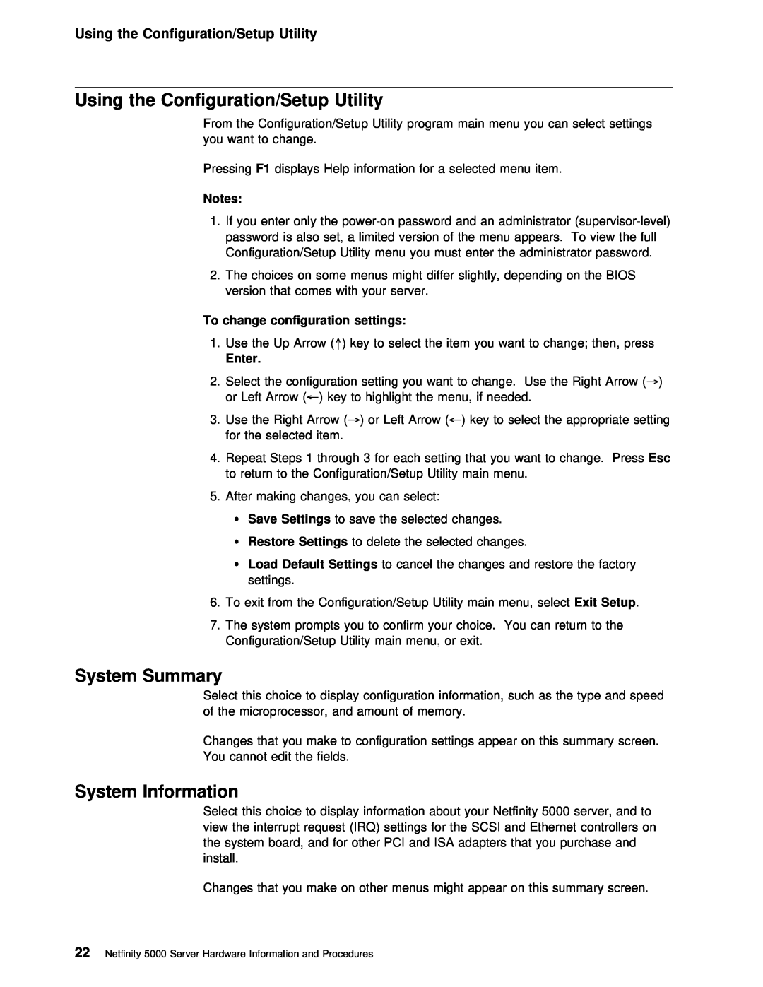 IBM 5000 manual System Summary, System Information, Using the Configuration/Setup Utility 