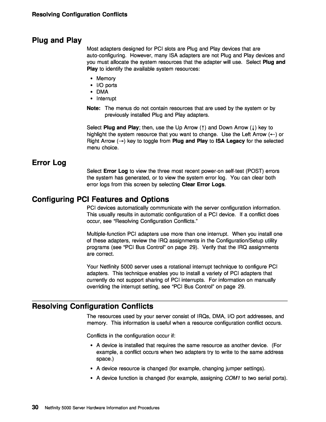 IBM 5000 manual Plug and Play, Error Log, Options, Resolving Configuration Conflicts 