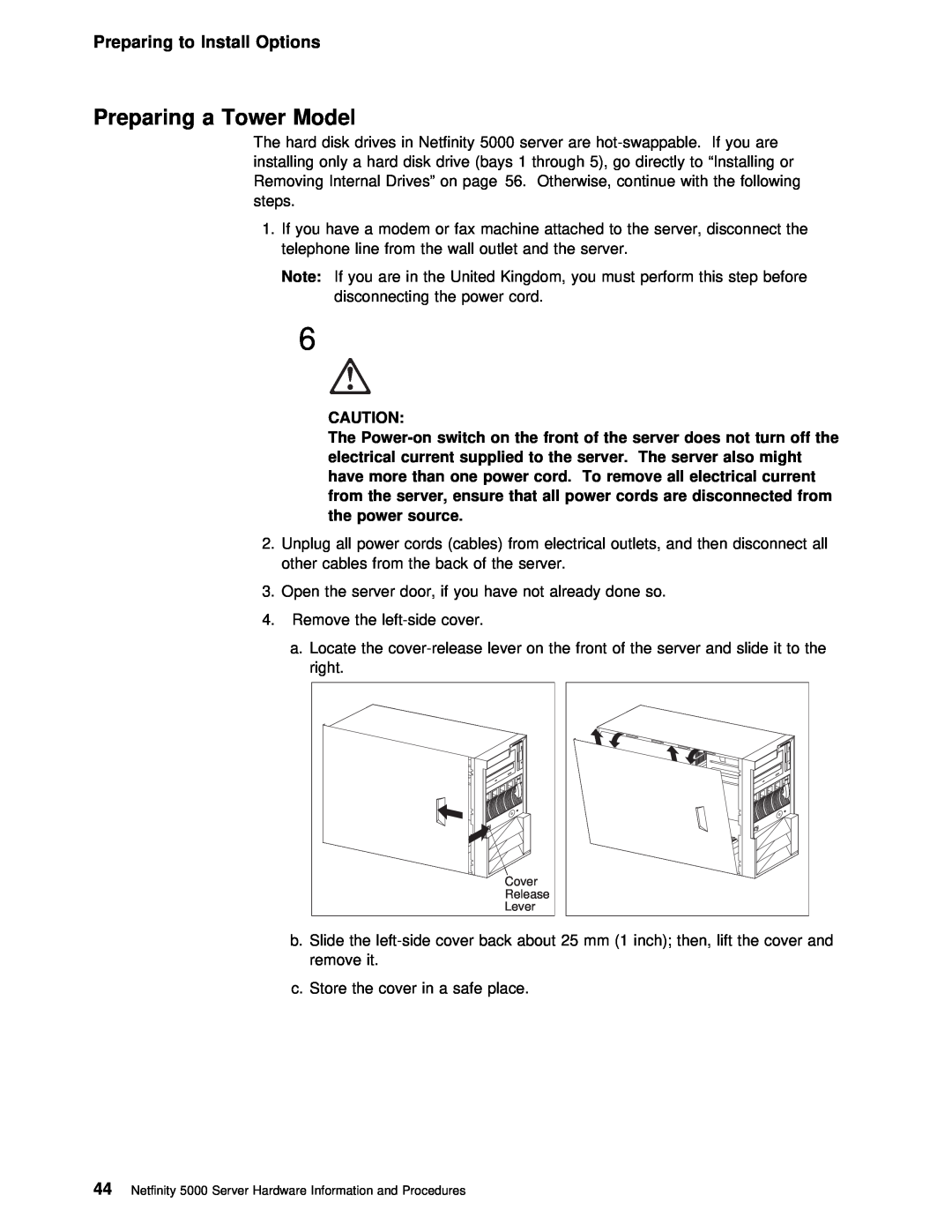 IBM 5000 manual Preparing a Tower Model, Preparing to Install Options, cords 