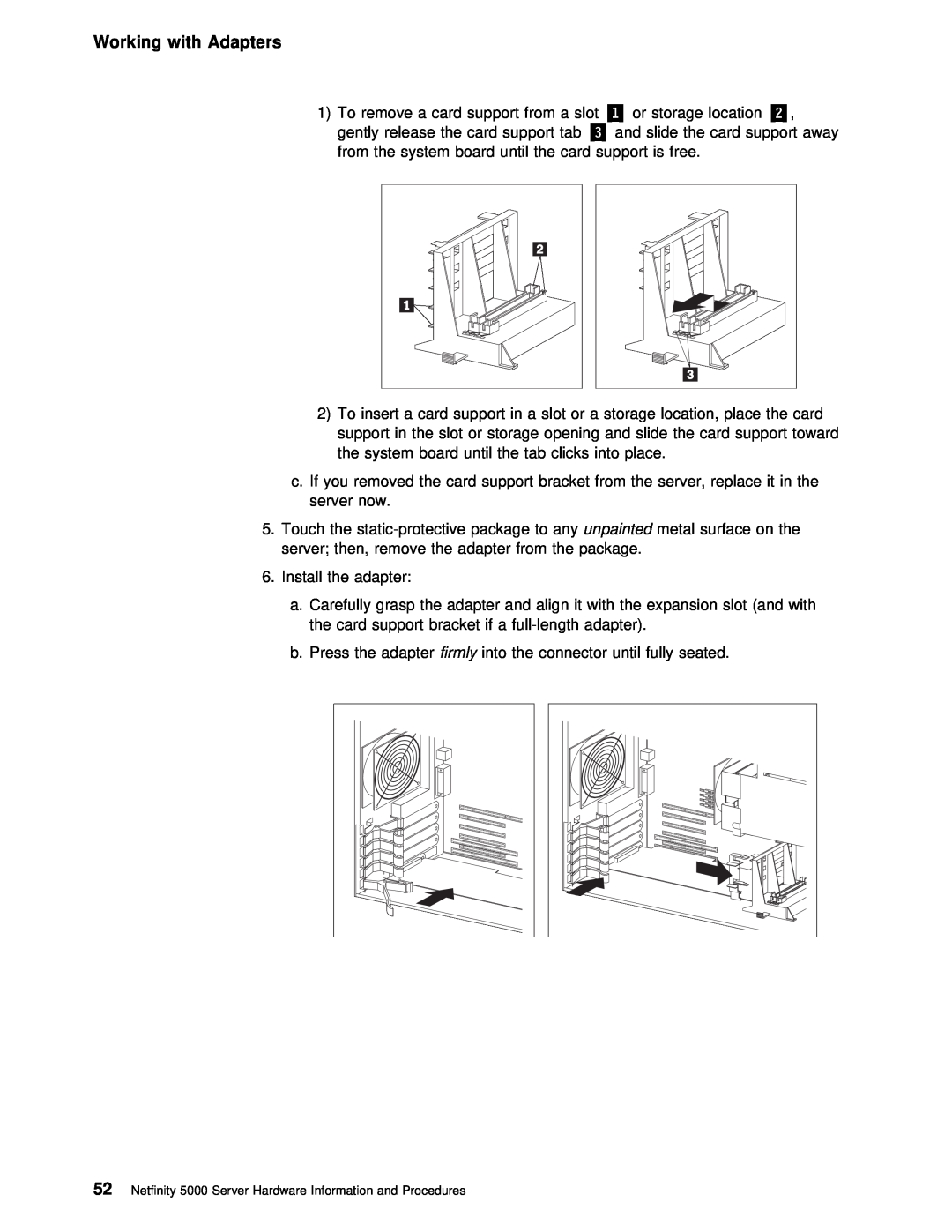IBM manual Working with Adapters, Netfinity 5000 Server Hardware Information and Procedures 