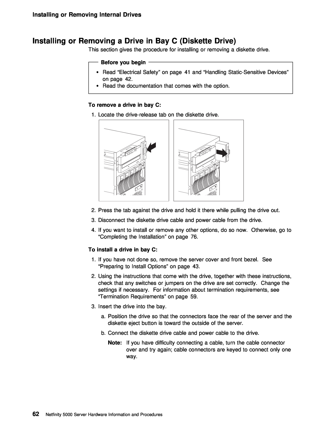 IBM 5000 manual Diskette Drive, Installing or Removing Internal Drives 