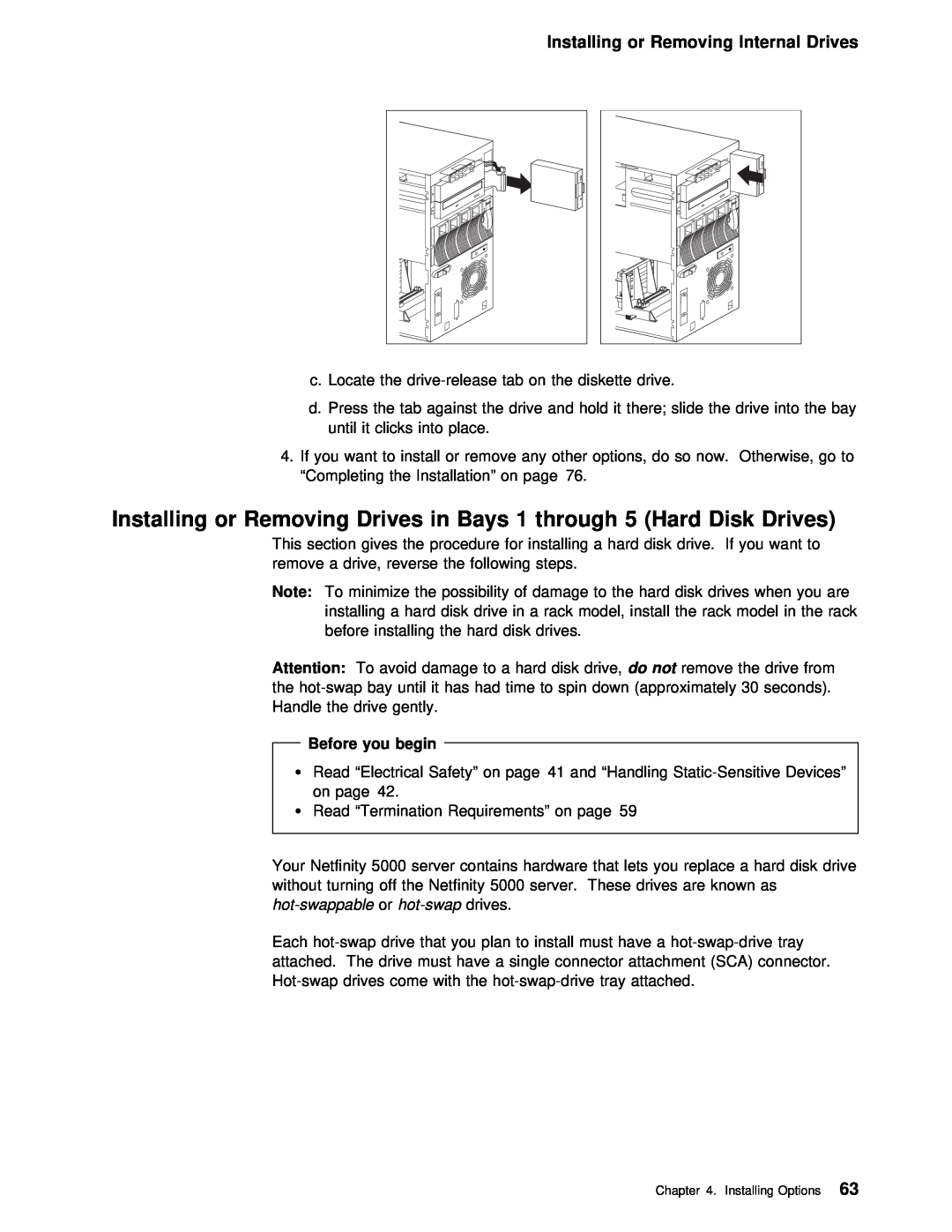 IBM 5000 manual Installing or Removing Drives in Bays 1 through 5 Hard Disk Drives, Installing or Removing Internal Drives 